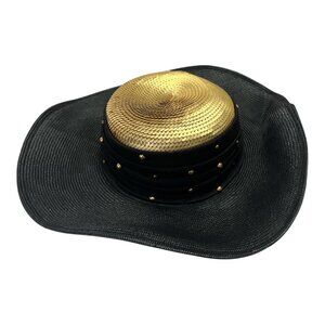 Vtg Whittall & Shon Black Wide-Brim Hat with Gold Sequin Crown & Studded Band